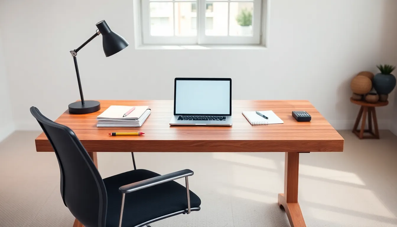 organized study space with desk, lamp, and educational supplies.