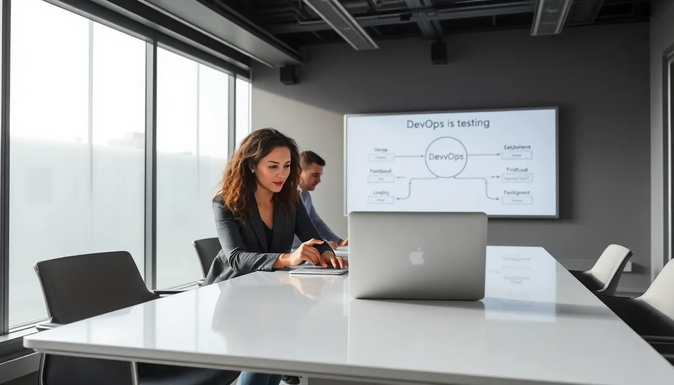 diverse team collaborating on DevOps testing in a modern office.