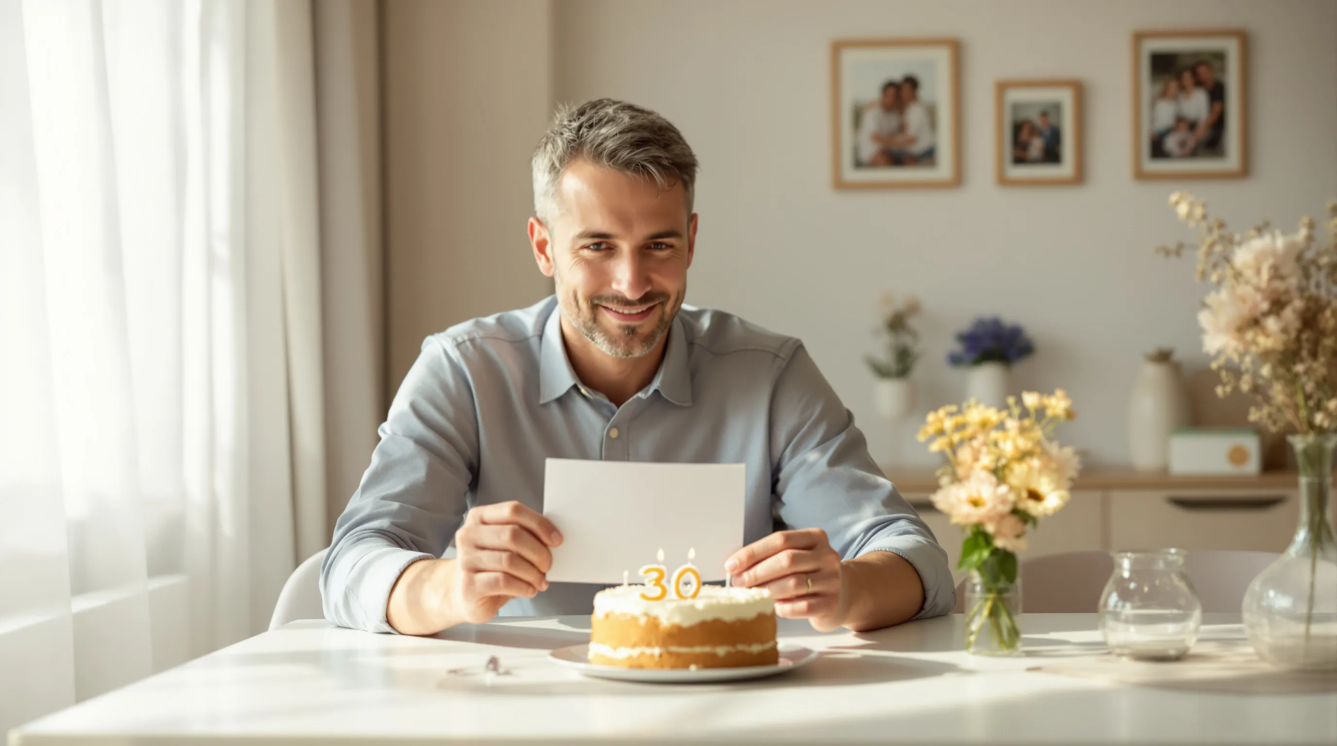 Croatian parent holding a heartfelt handwritten birthday card at a dining table.