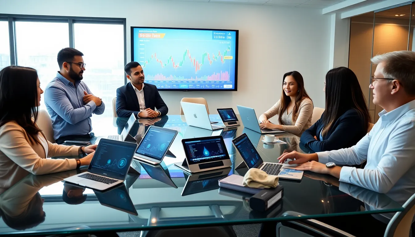 professionals discussing cryptocurrency in a modern office.