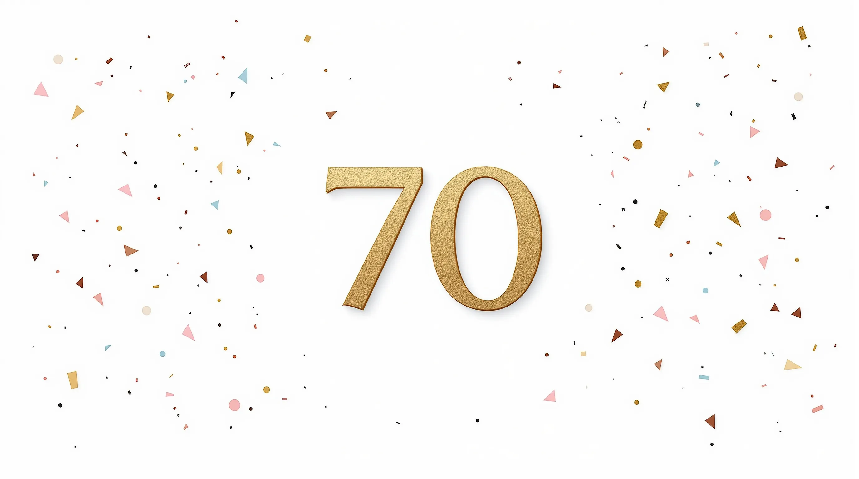 Minimalist number 70 with soft confetti on white background for birthday celebration.