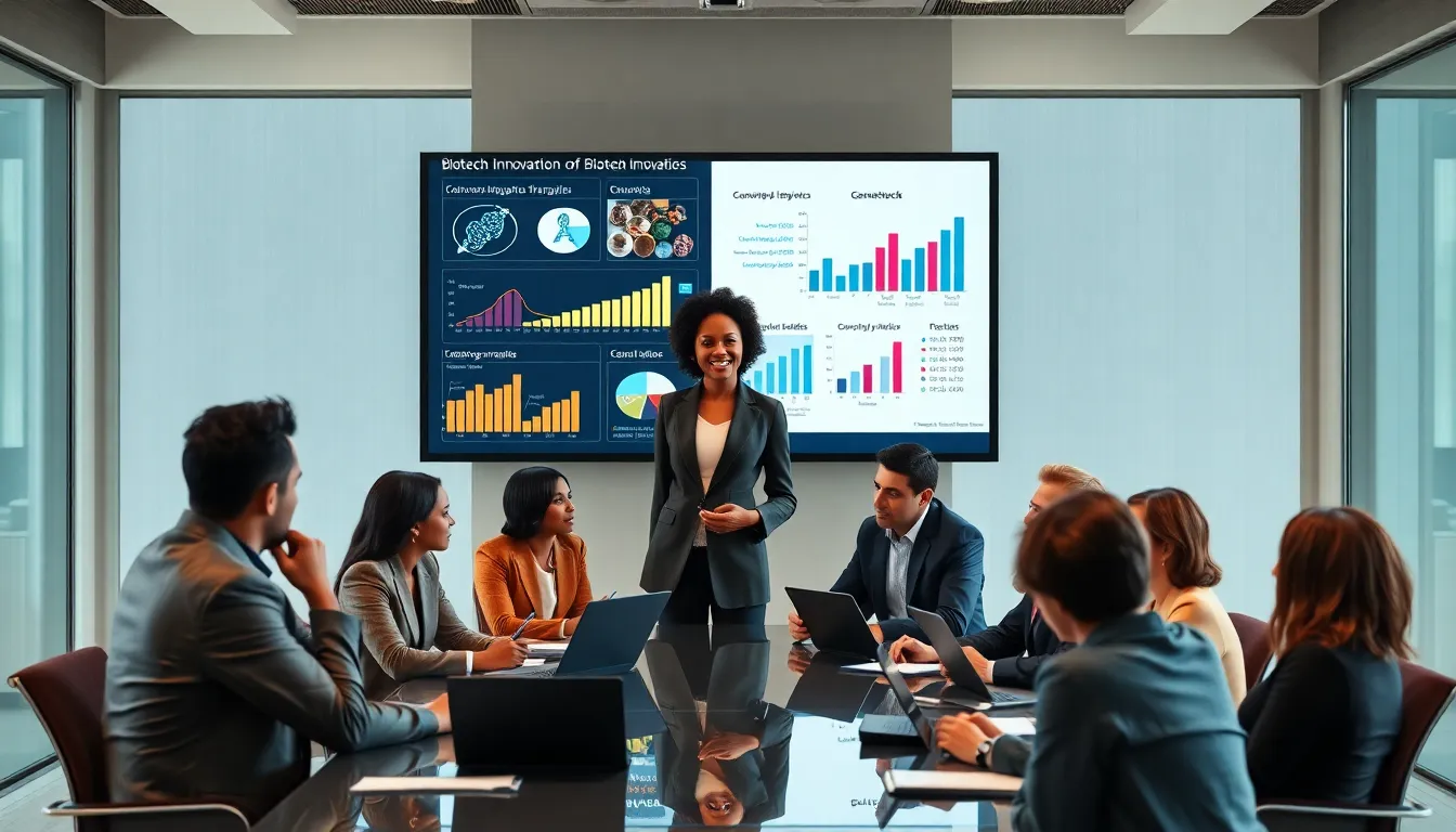 diverse professionals discussing biotech innovations in a modern conference room.