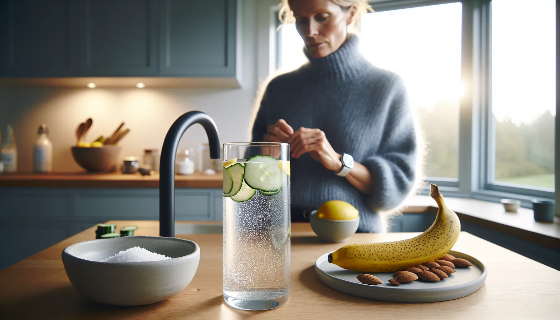 De beste drikkene for å hydrere og styrke hjertet 2 Cold water with lemon, banana, and salt; woman checks pulse in nordic kitchen.