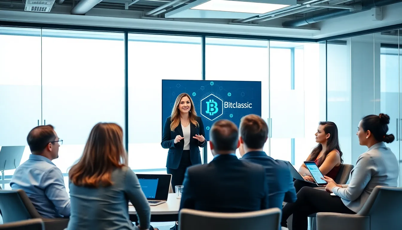 diverse team discussing cryptocurrency in a modern office.
