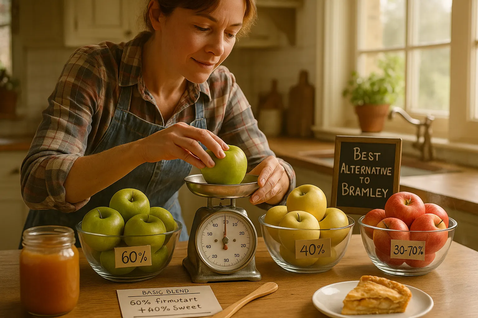 Home cook weighing apples with labeled bowls and finished apple sauce and pie.