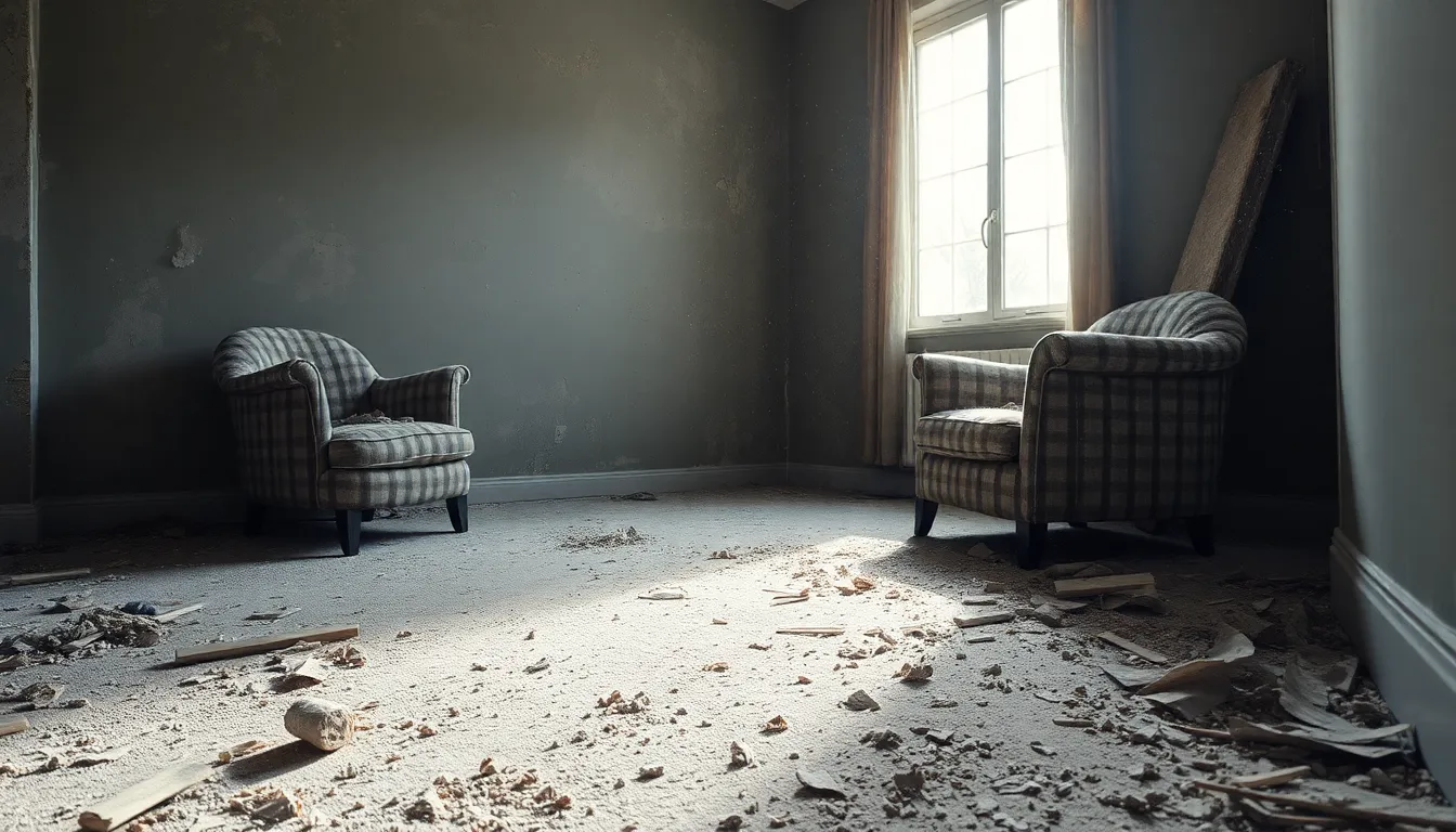 an empty room filled with dust and construction debris.