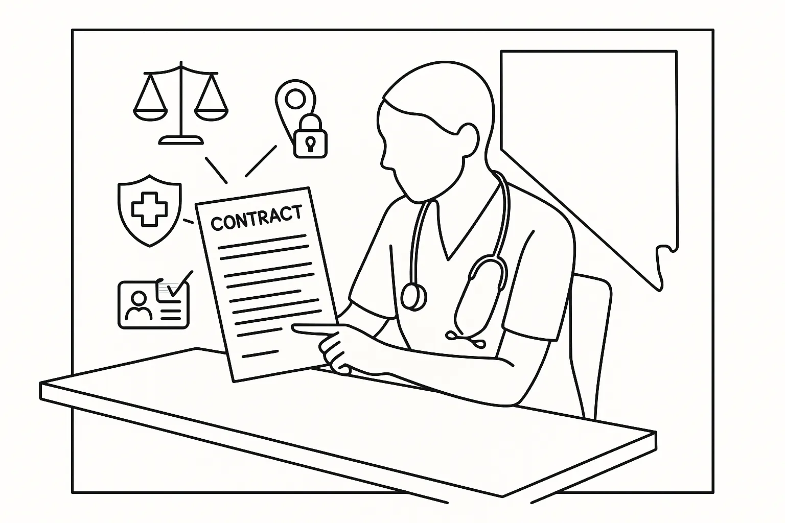 Nurse practitioner at desk reviewing a contract with Nevada outline and icons of Nevada Nurse Practitioner Contract Review.