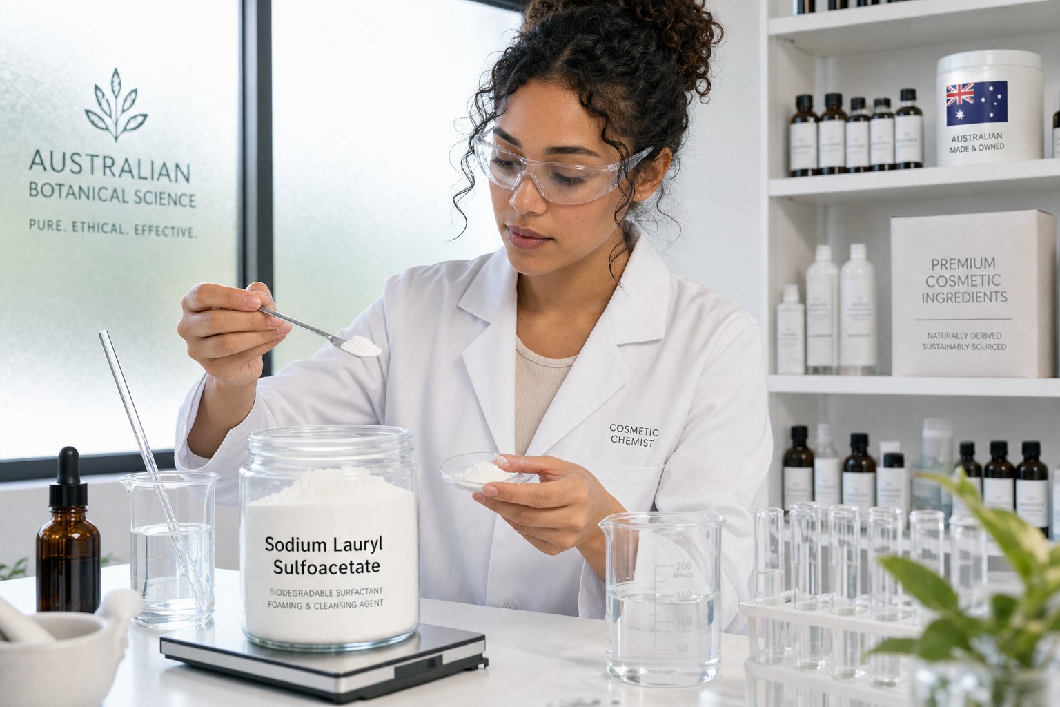 Cosmetic chemist handling sodium lauryl sulfoacetate powder in Australian lab