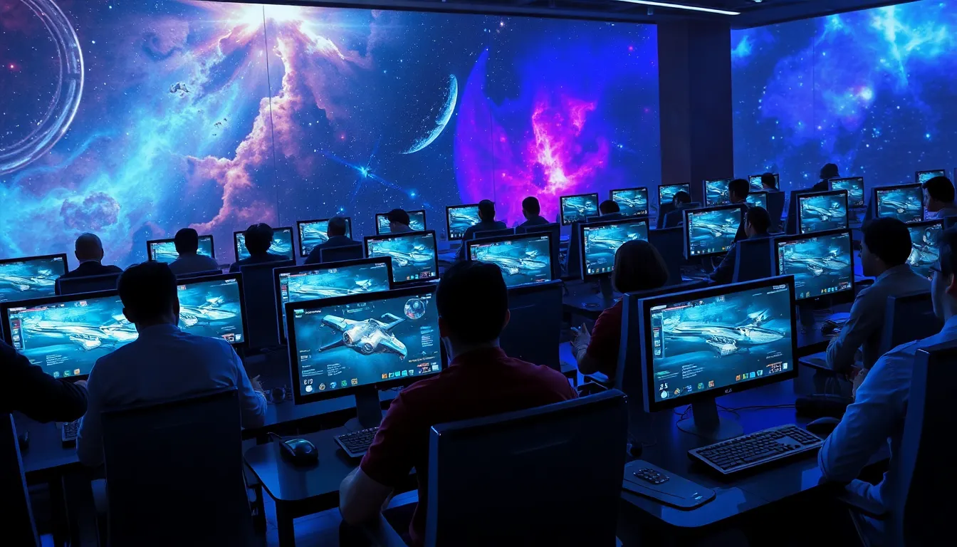 diverse players in a modern gaming lounge engaged in EVE Online.