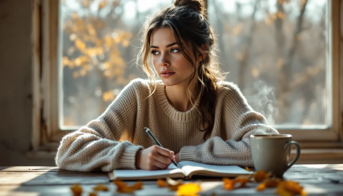 Woman journaling at a kitchen table on an autumn morning, reflecting quietly.