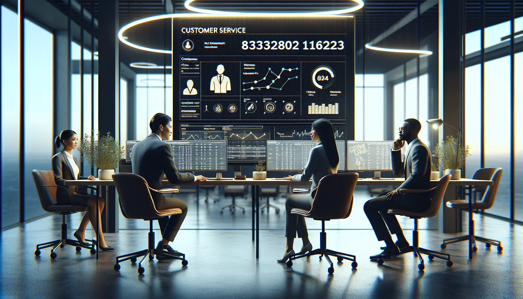 diverse team discussing customer service metrics in a modern office.