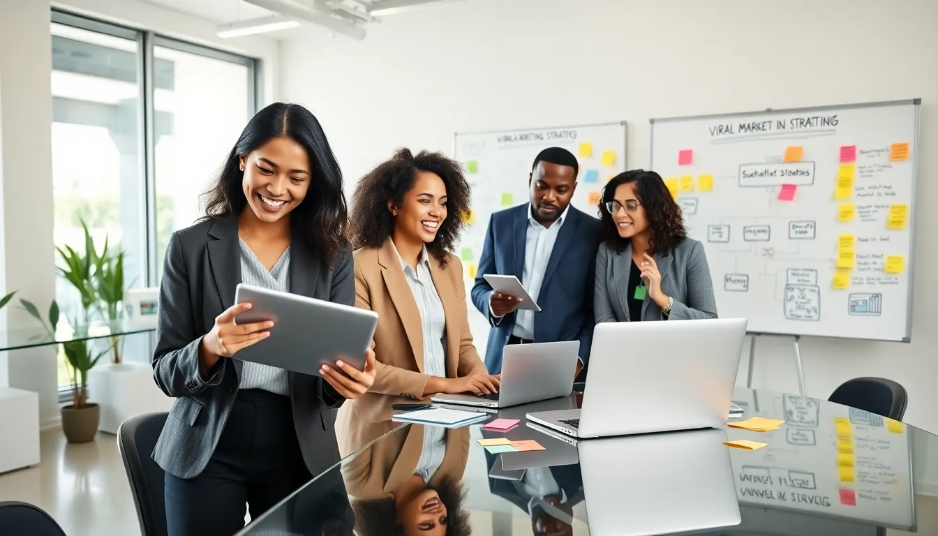 team brainstorming viral marketing ideas in a modern office.