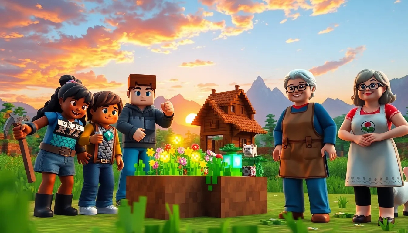 four Minecraft players exploring a vibrant landscape in the latest update.