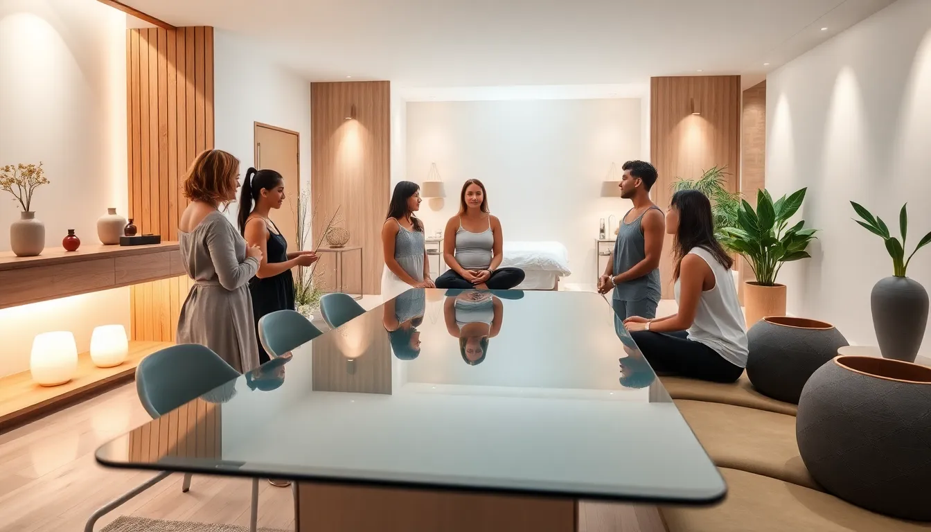 diverse wellness professionals collaborating in a serene spa environment.