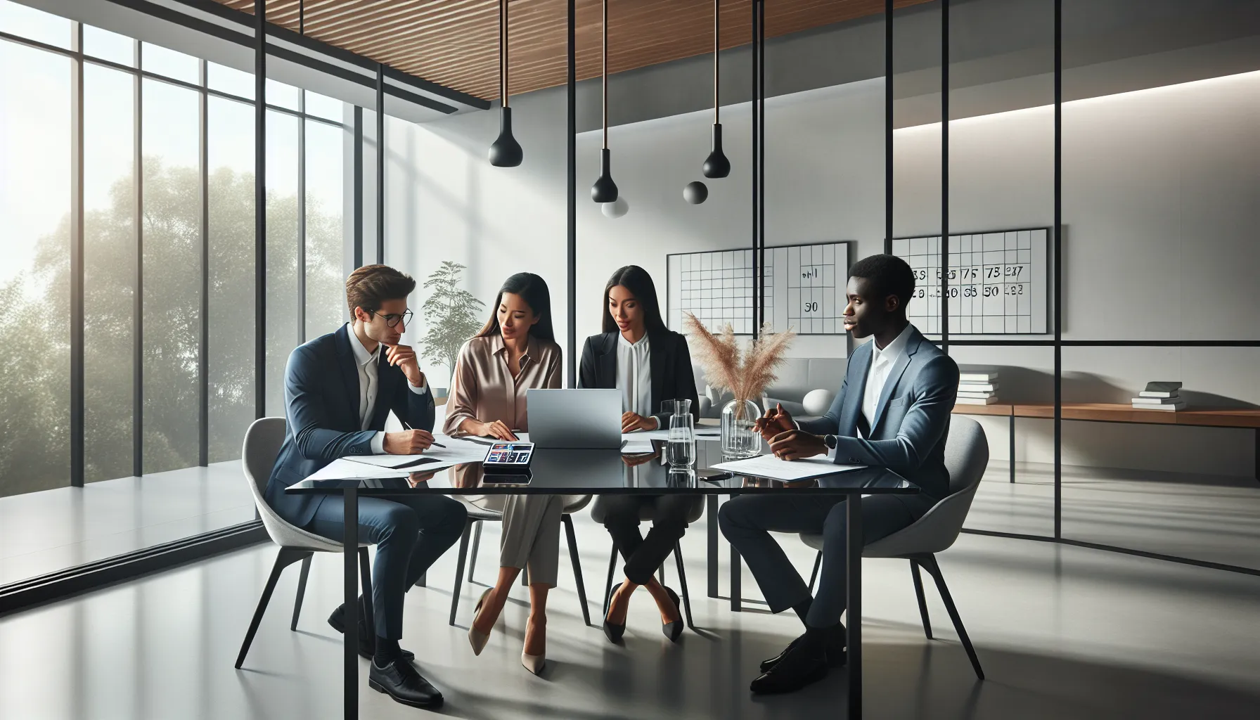professionals collaborating over calculations in a modern office.