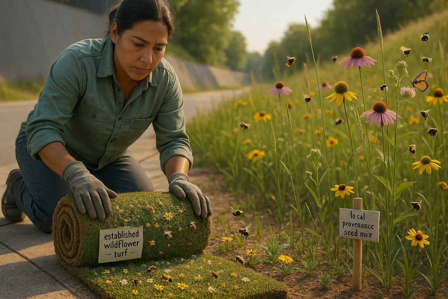Landscaper unrolling wildflower turf beside a seeded native meadow with pollinators.