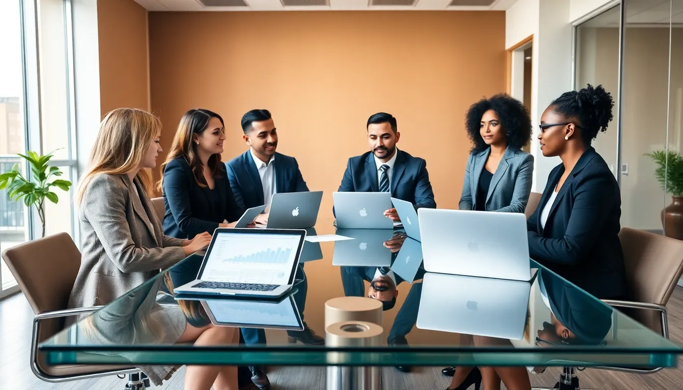 diverse professionals discussing FHA loans in a modern office.
