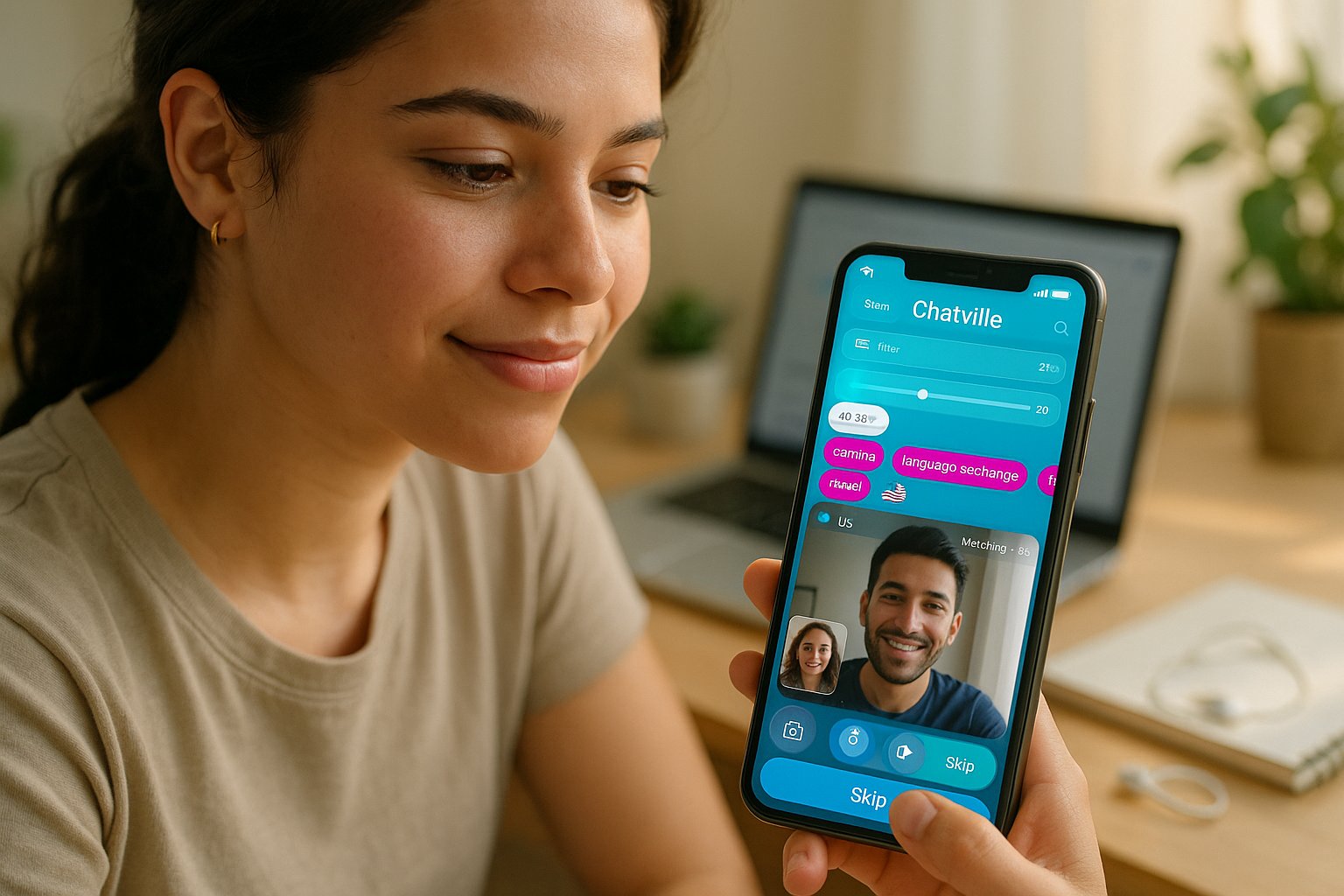 Young adult using Chatville on phone showing matching UI and filters.