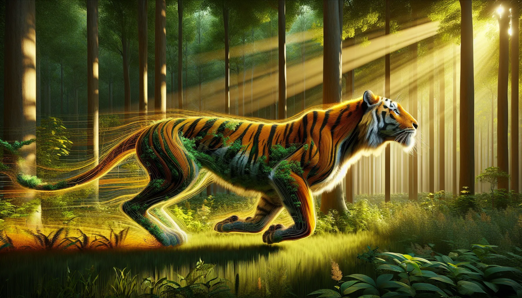 a tiger and lion demonstrating speed and power in natural settings.