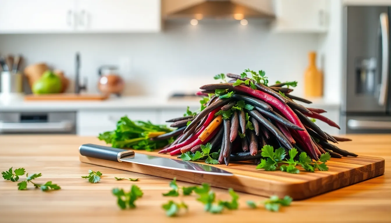 fresh yumkugu on a cutting board in a modern kitchen.