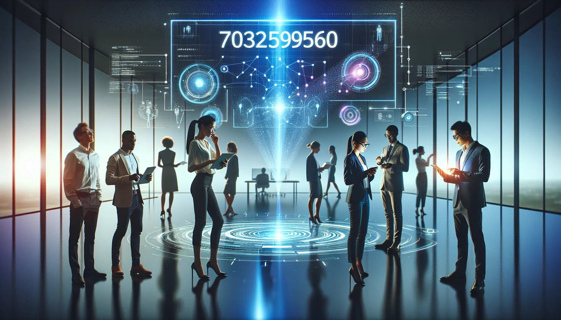 futuristic digital display with diverse professionals engaging with technology.