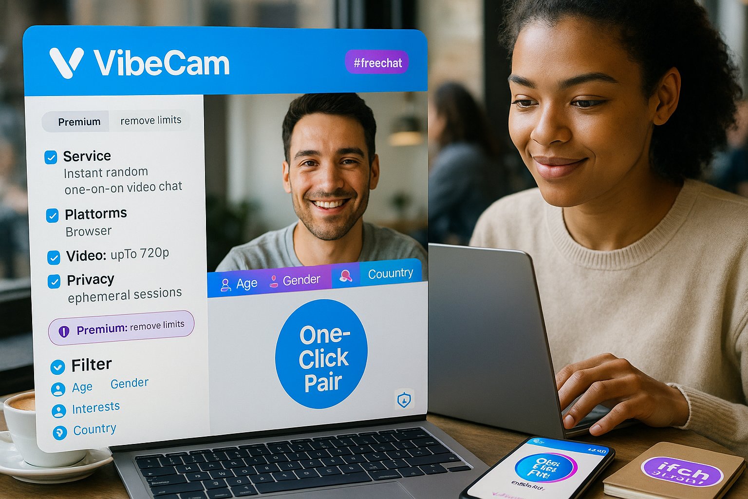 Young woman at a cafe using VibeCam (ifreechat) browser video chat interface.