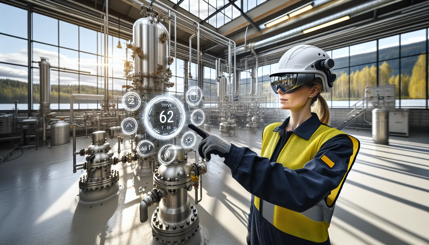Hvordan ar og vr endrer måten vi jobber på 1 Norwegian technician uses ar on machinery as colleague reviews factory in vr.