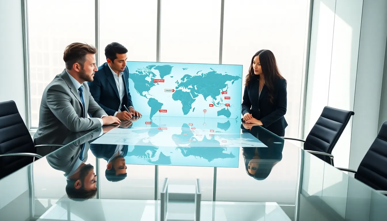 diverse professionals discussing geopolitical tensions in a modern office.