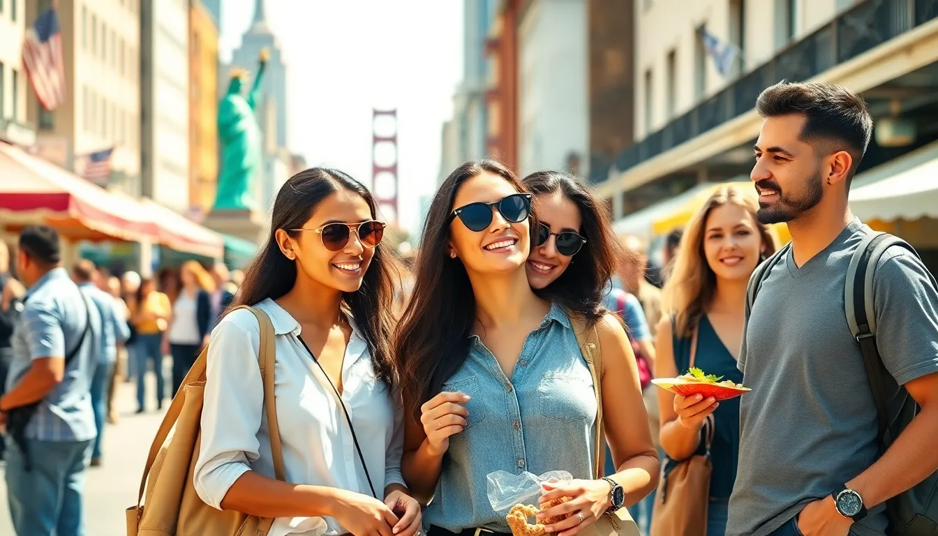 diverse tourists enjoying authentic experiences in a lively American setting.