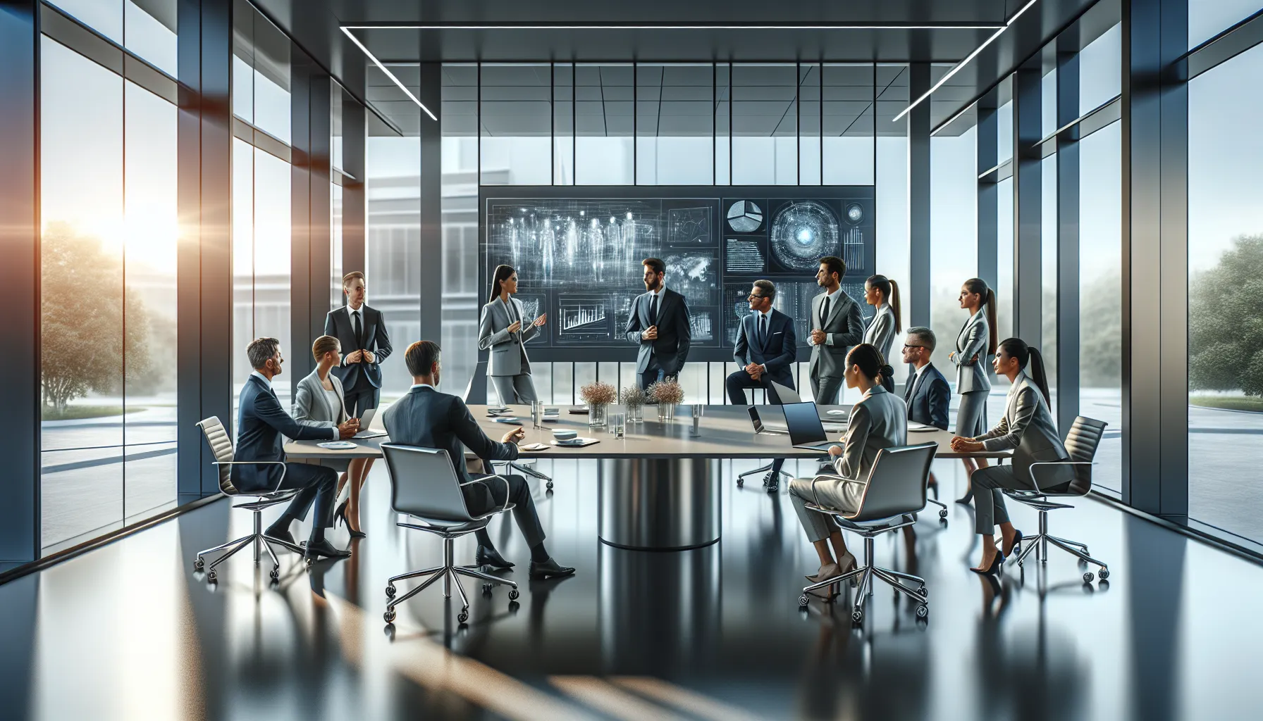 professionals discussing future technology in a modern office.