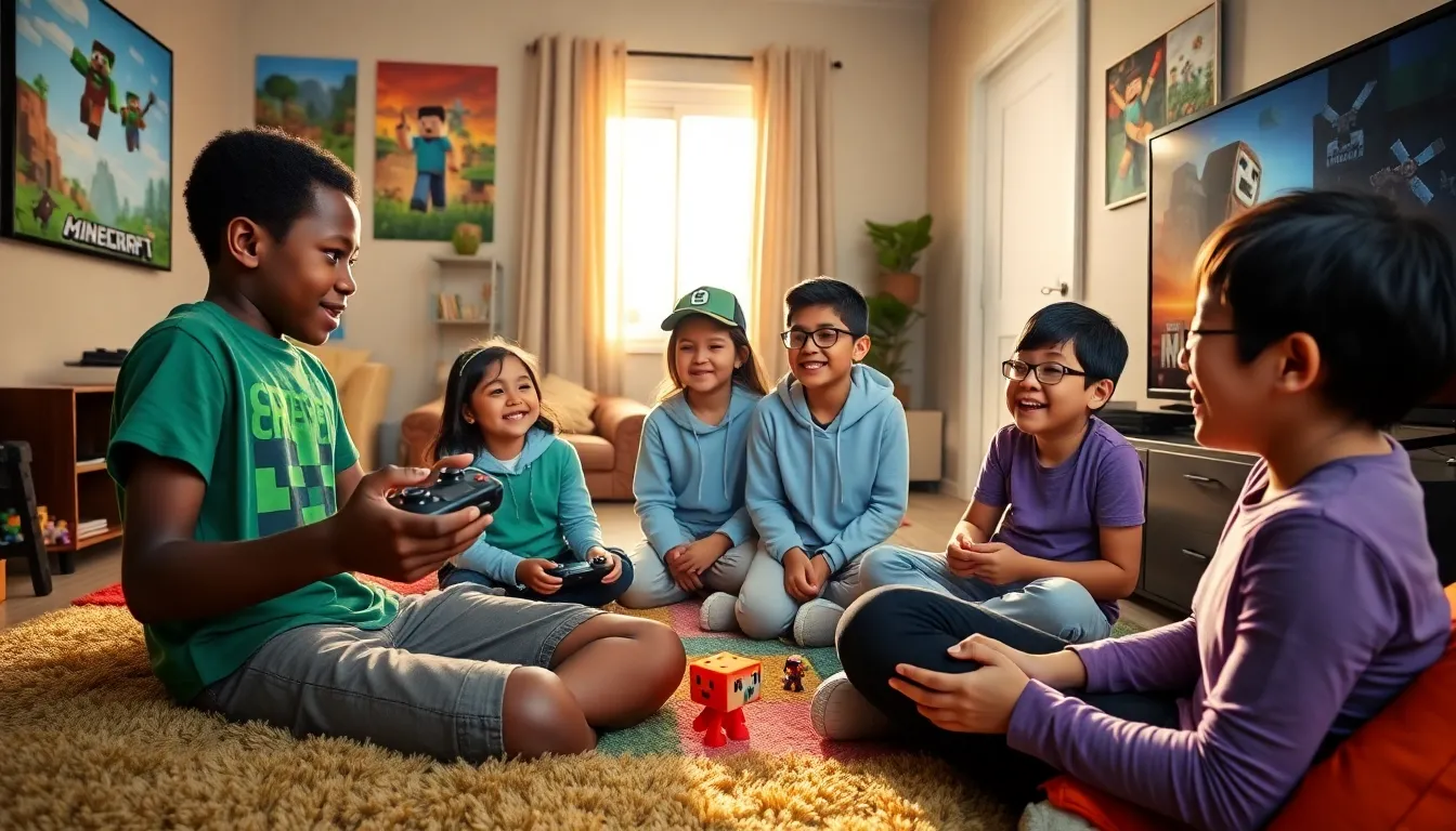 Children excitedly playing Minecraft together in a cozy living room.