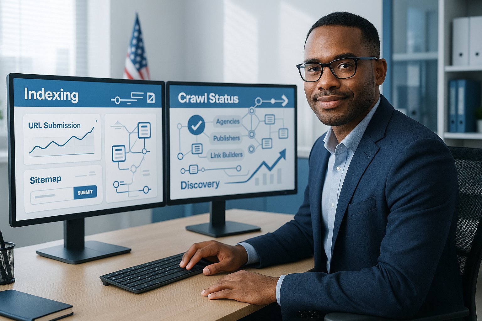 SEO professional reviewing website indexing dashboard in a modern office.