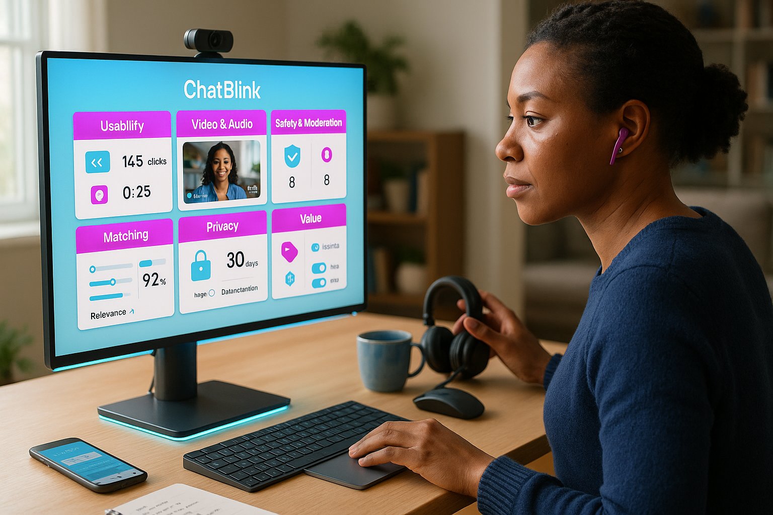 Person reviewing a ChatBlink evaluation dashboard at a home workspace.