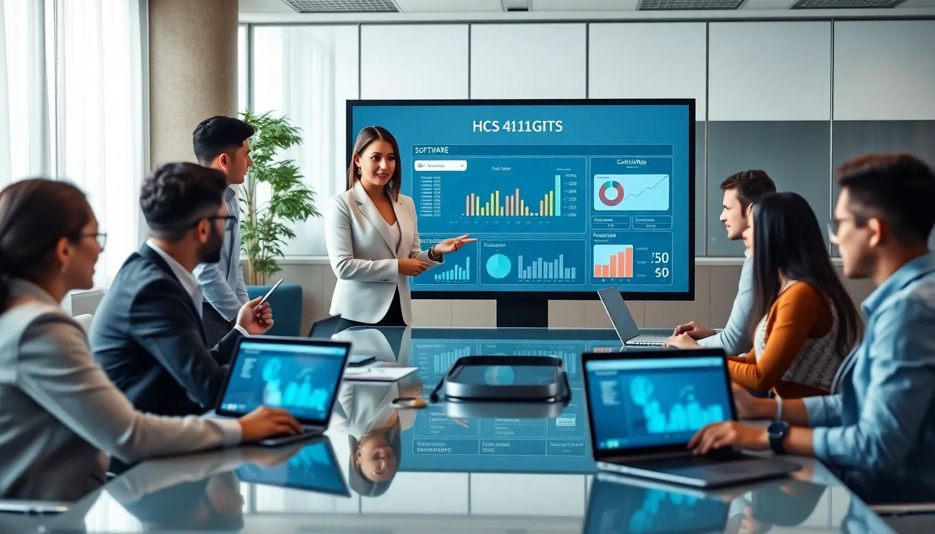 diverse team collaborating on HCS 411GITS Software in a modern office.