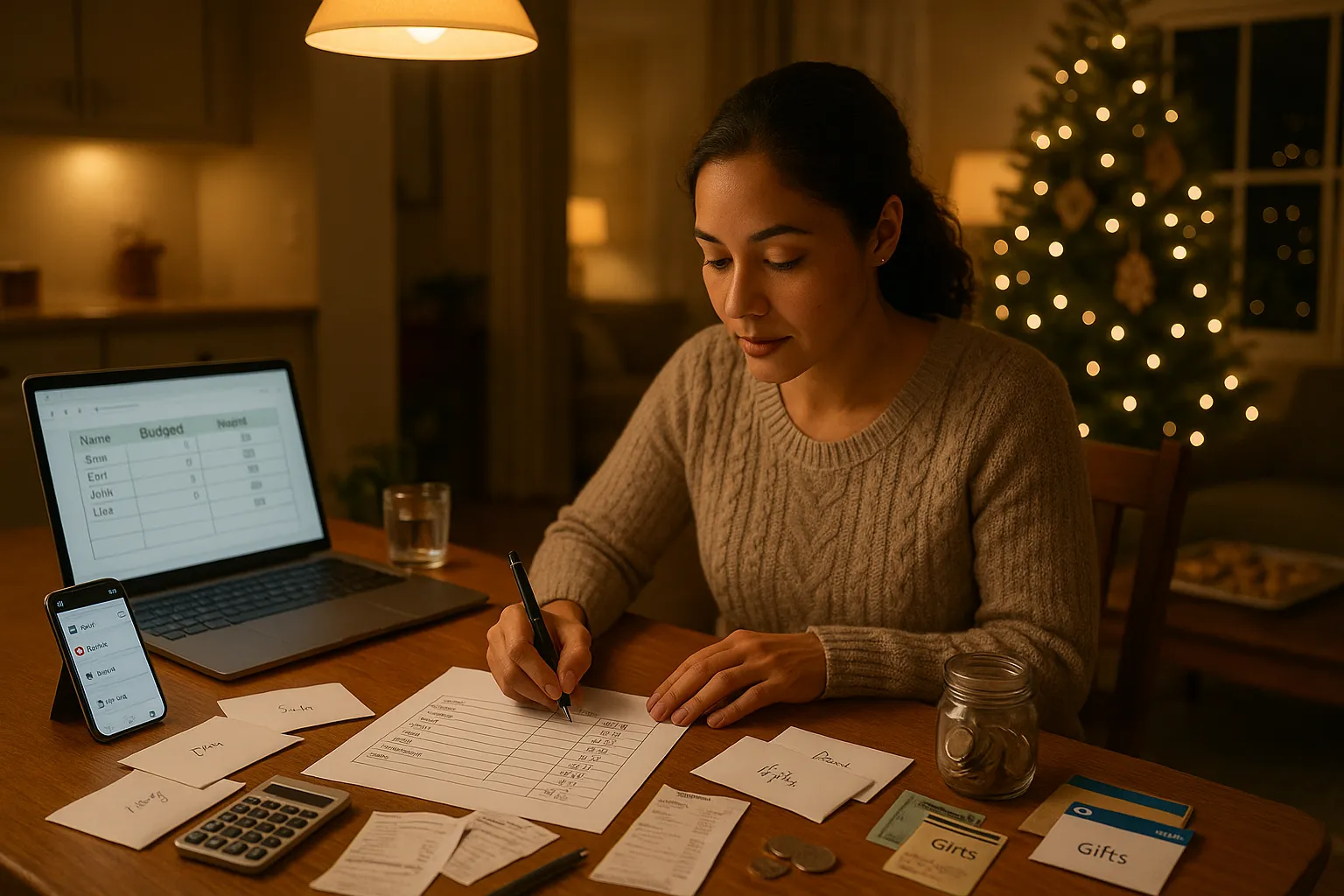 Person writing a Christmas budget spreadsheet at a kitchen table with labeled envelopes.