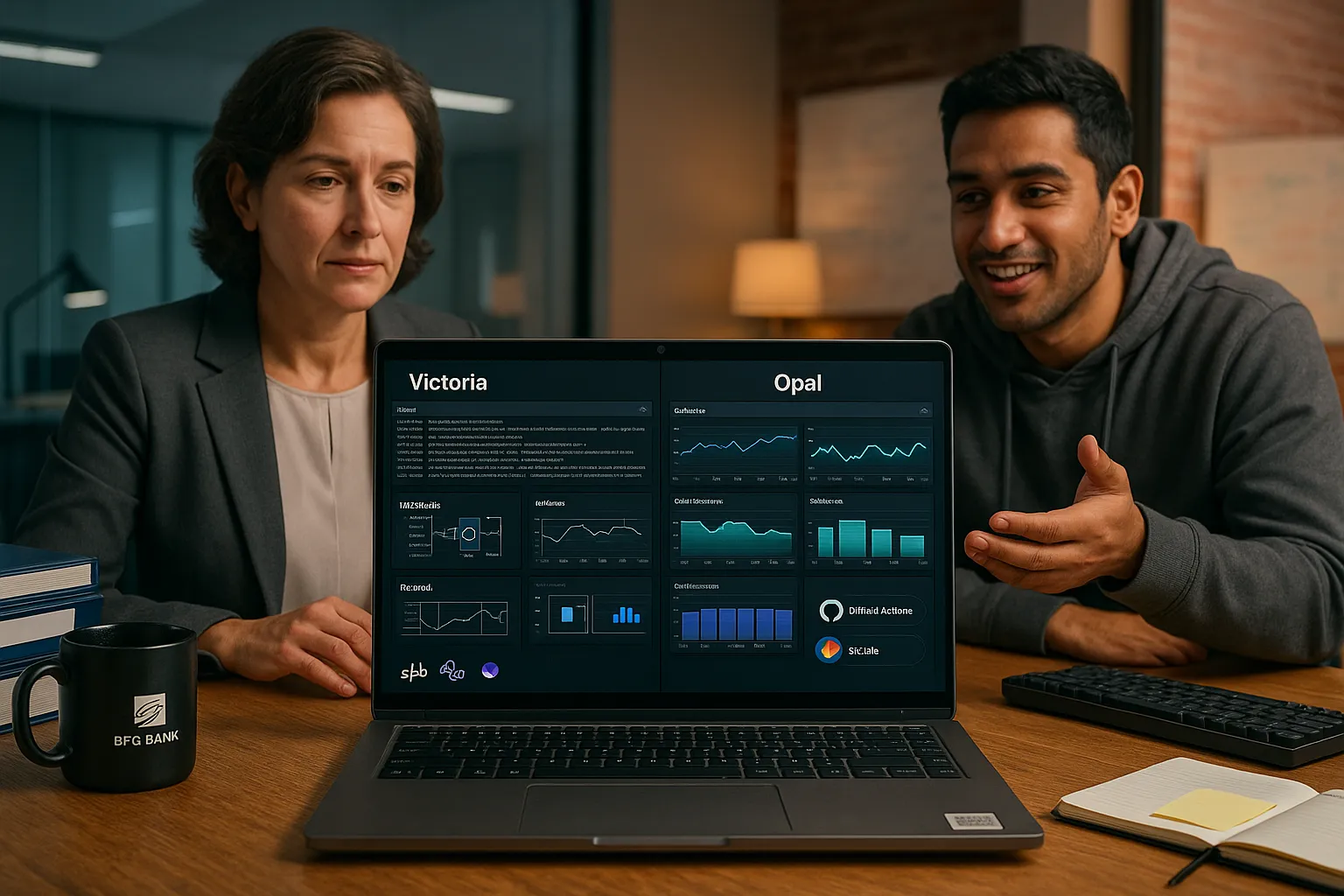 Split-screen laptop showing Victoria logs and Opal performance dashboards with two engineers.