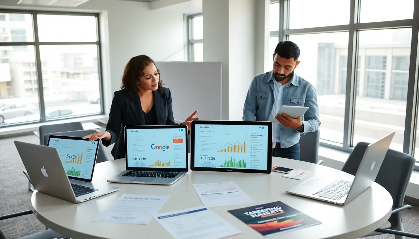 diverse contractors discussing Google Ads in a modern office.