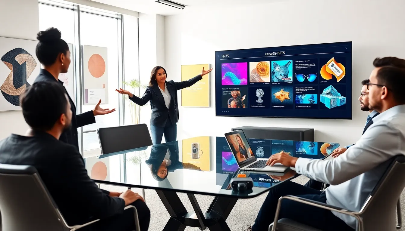 professionals discussing NFTs in a modern office setting.