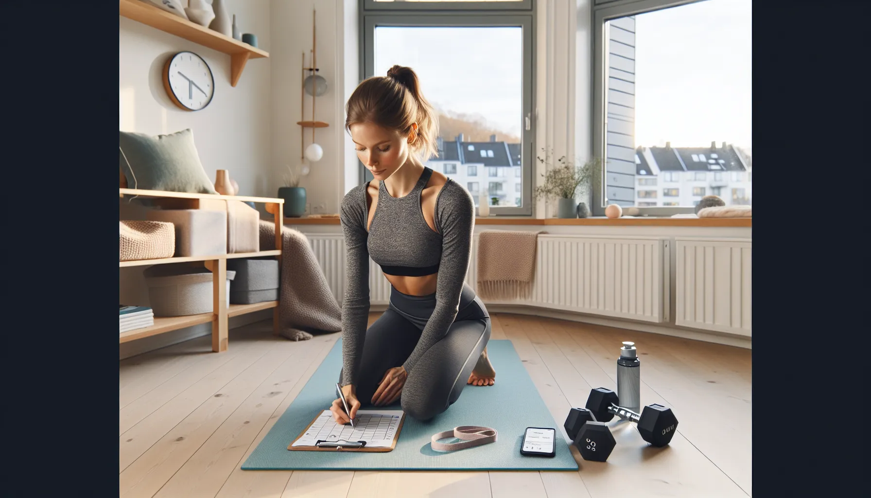 Norwegian woman planning a smart home workout with mat, schedule, and log.