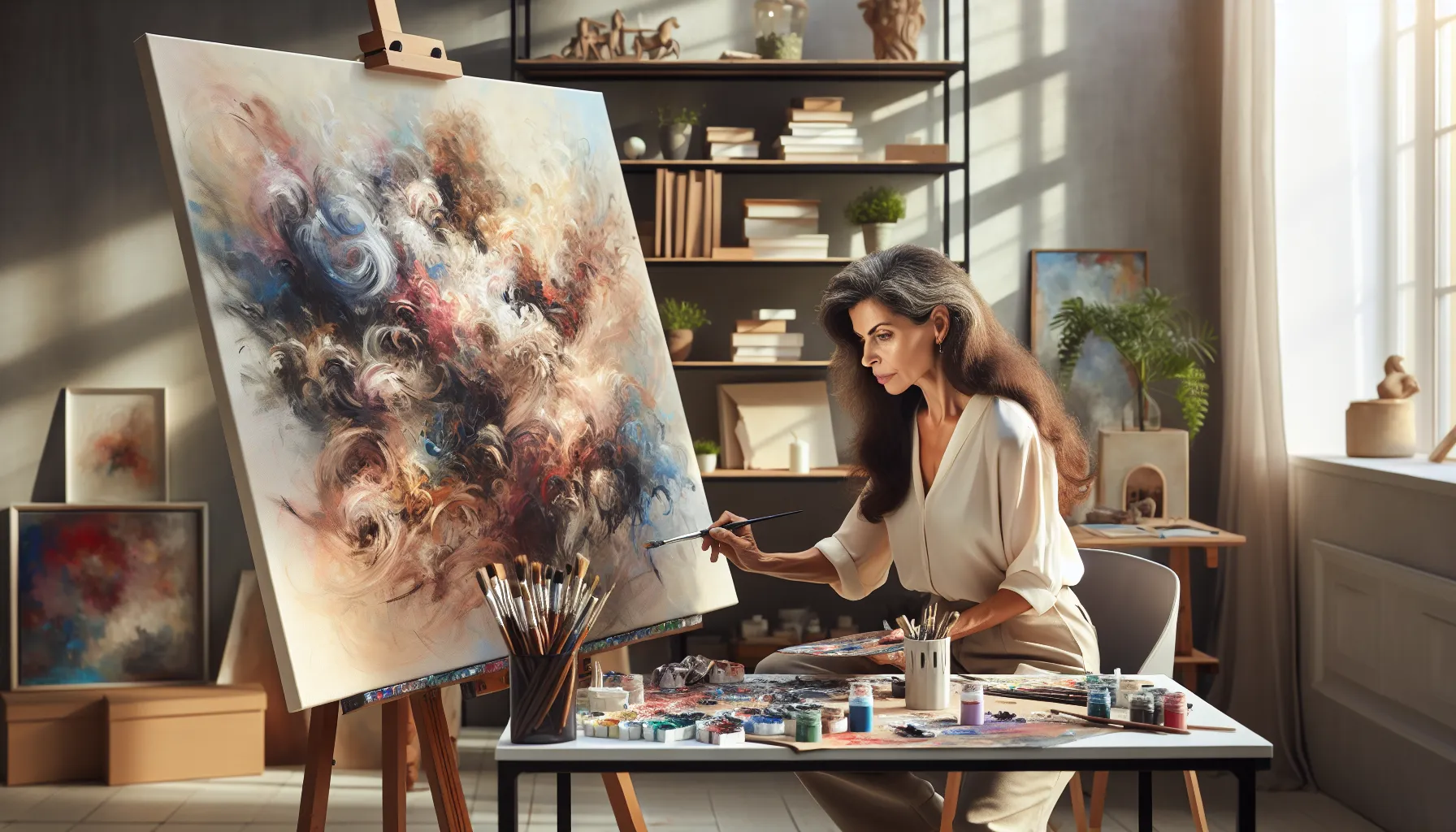 artist painting highlights in a creative studio.