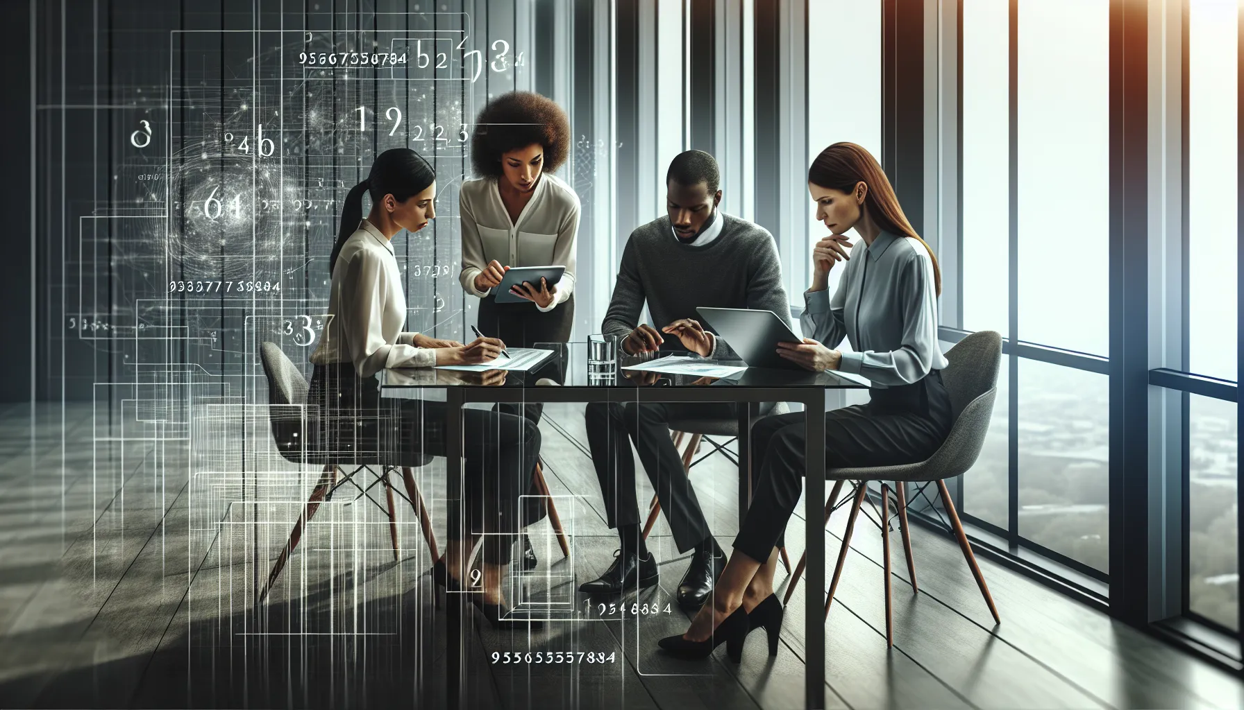 professionals discussing numbers in a modern office setting.