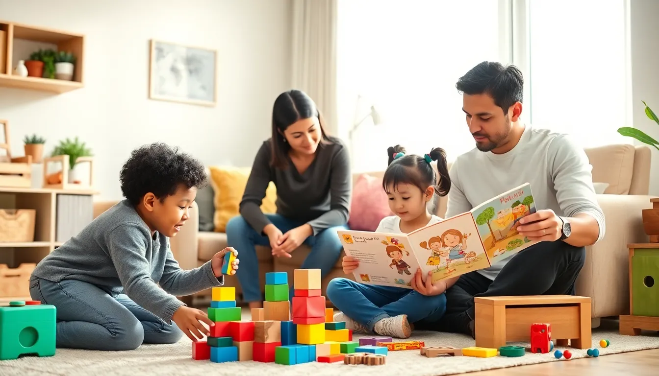 Parents teaching preschoolers in a bright, modern living room.
