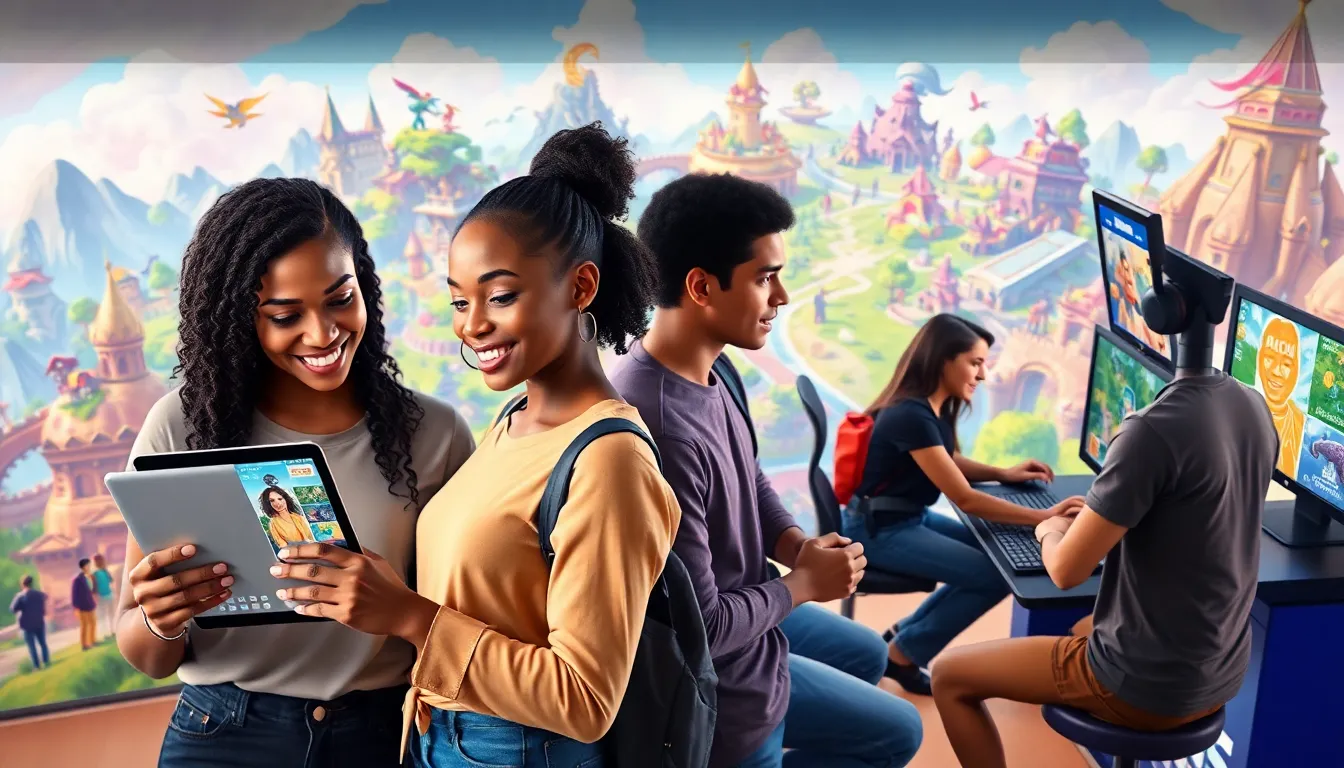 group of diverse gamers exploring a vibrant digital gaming world.