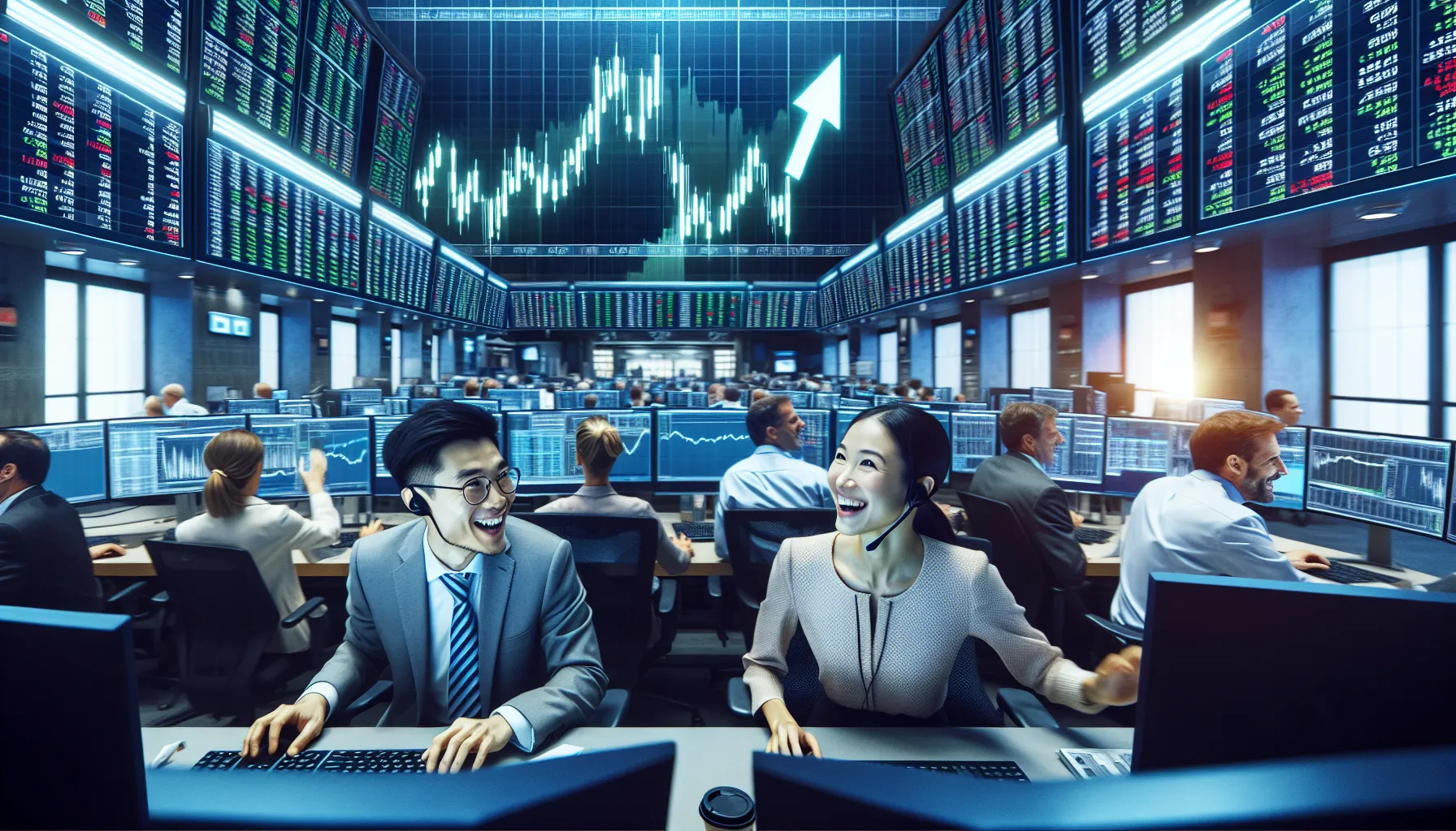 A lively trading floor depicting optimism during a bull market.