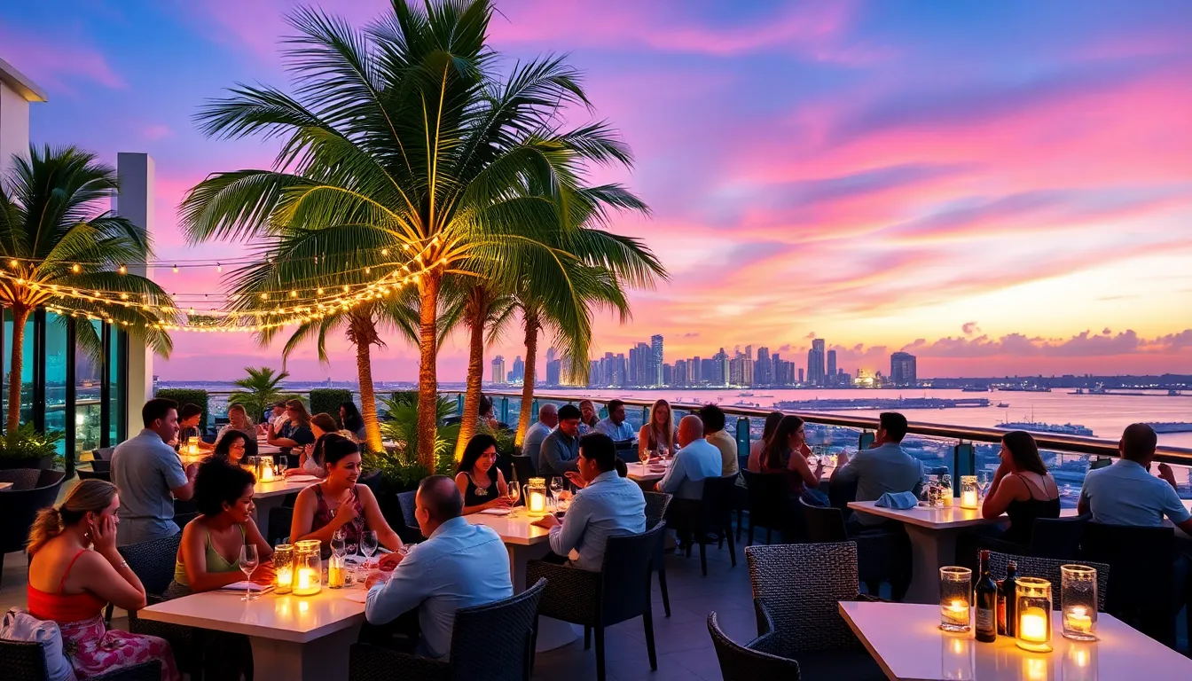 outdoor dining at a rooftop restaurant with city skyline views.