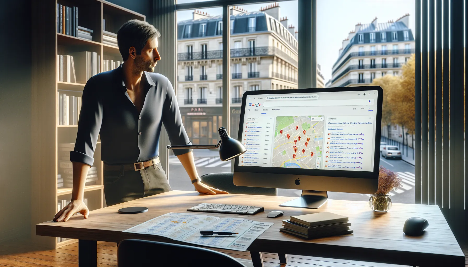 Marketer analyzing Google local search results for Paris businesses in a small office.