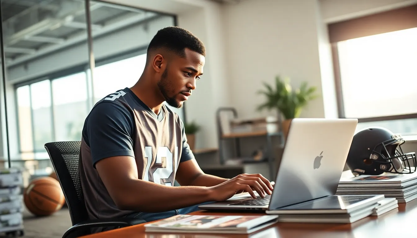 a sports fan working on a laptop featuring LatestSportsBuzz.com in a modern office.
