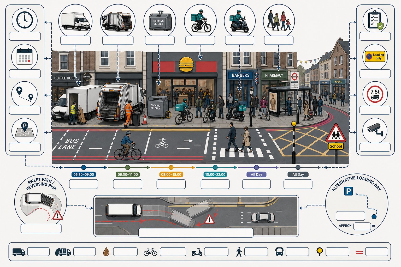 UK high street infographic showing deliveries, riders, and kerbside pressure outside takeaway.