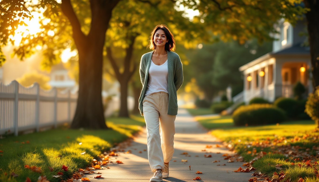 A woman taking a slow, gentle walk after dinner in a quiet neighborhood at sunset.