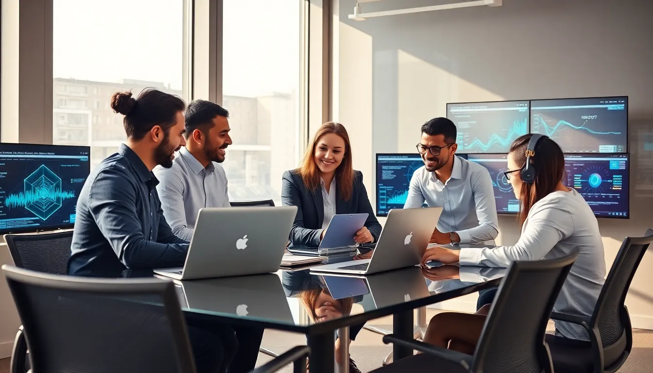 diverse team collaborating on advanced technology in an office setting.